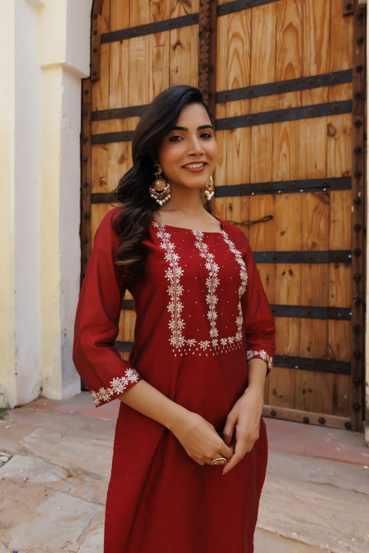 Red Chanderi Kurta Set