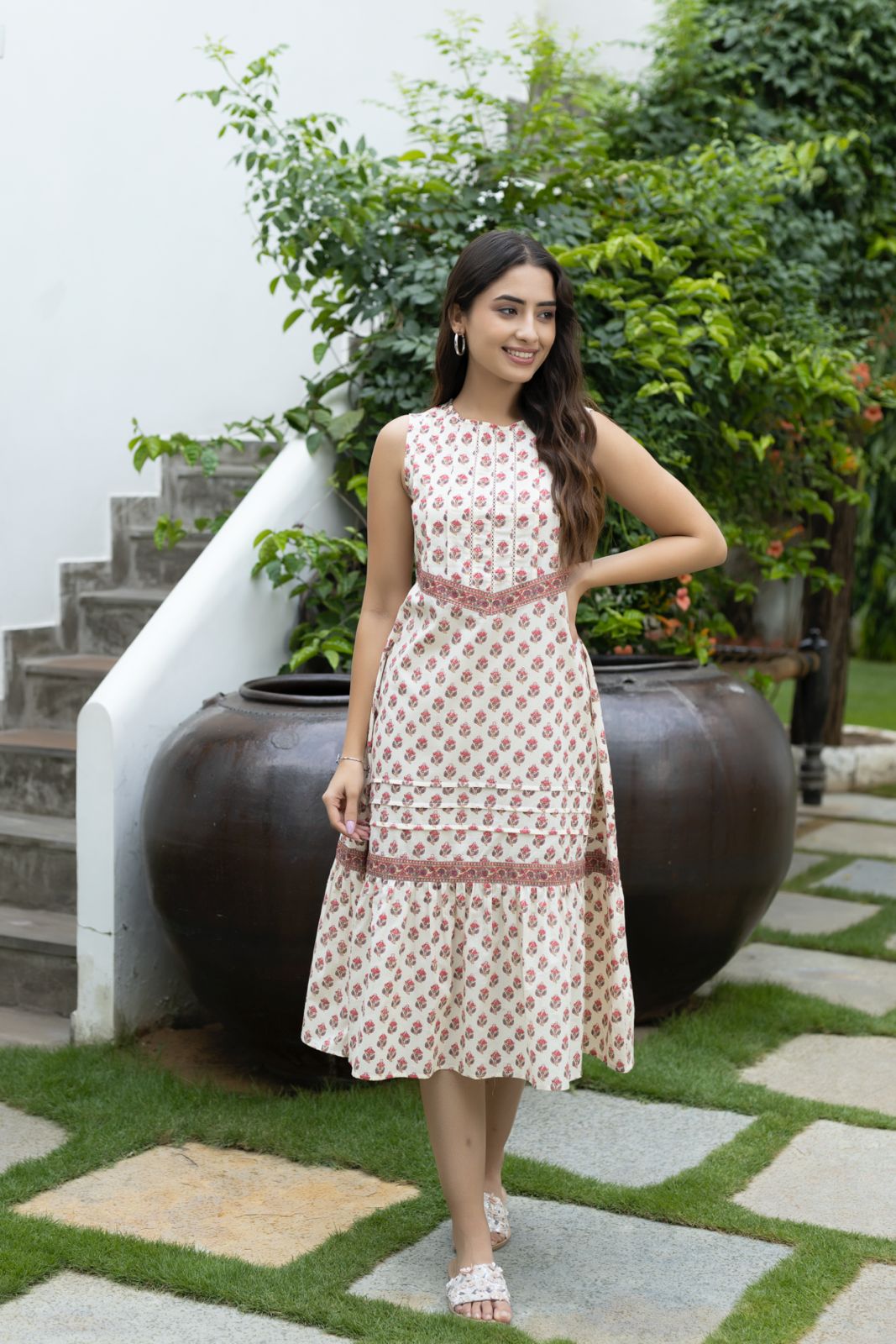 Beige Handblock Printed Cotton Dress