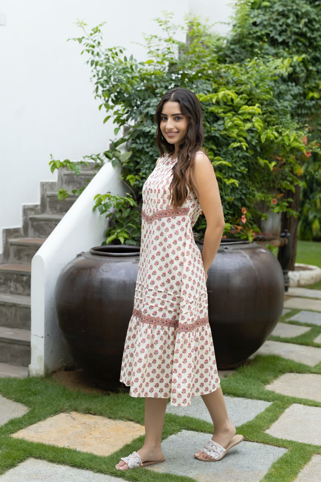 Beige Handblock Printed Cotton Dress