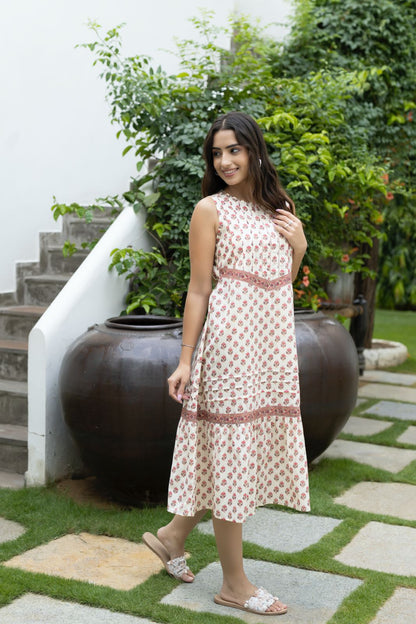Beige Handblock Printed Cotton Dress