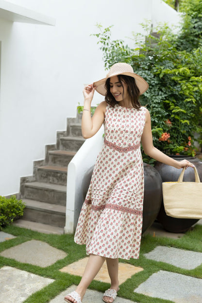 Beige Handblock Printed Cotton Dress