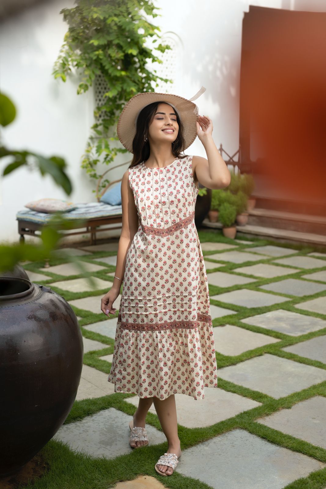 Beige Handblock Printed Cotton Dress