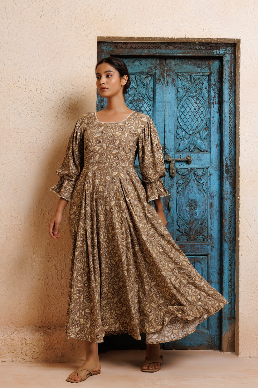 Beige Rayon Floral Printed Kurta