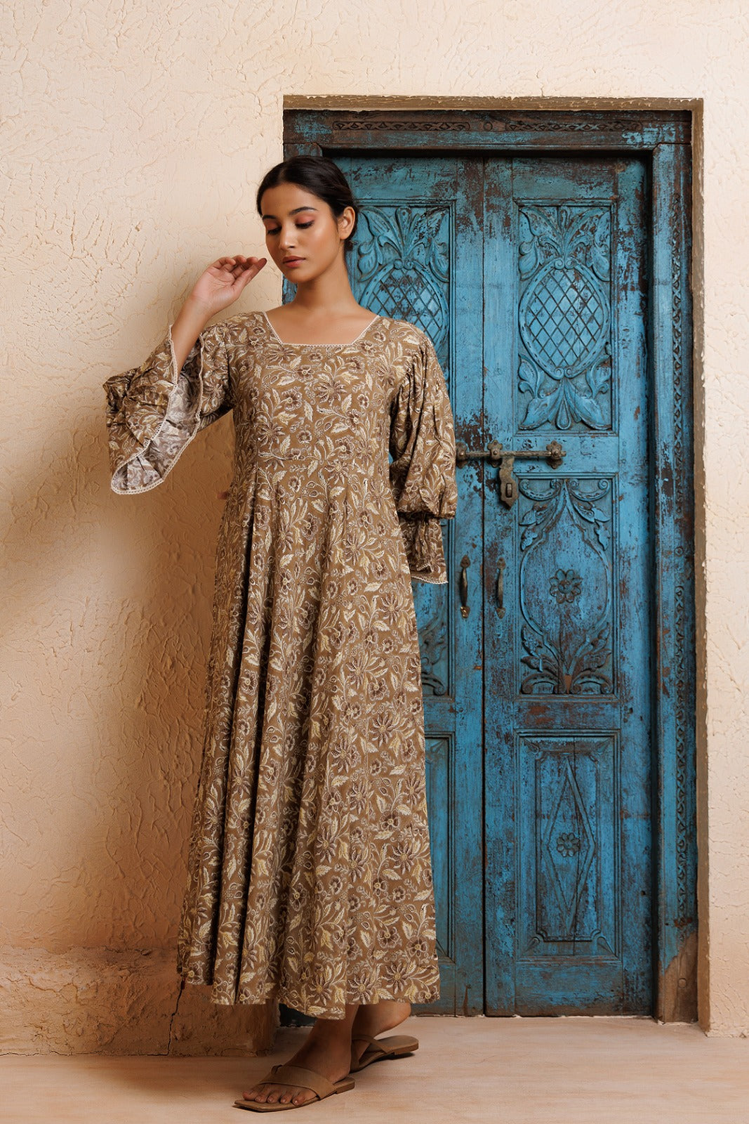 Beige Rayon Floral Printed Kurta