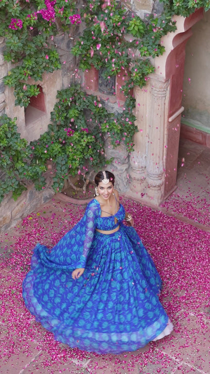 Lapis Blue Floral Printed Chiffon Lehenga Set