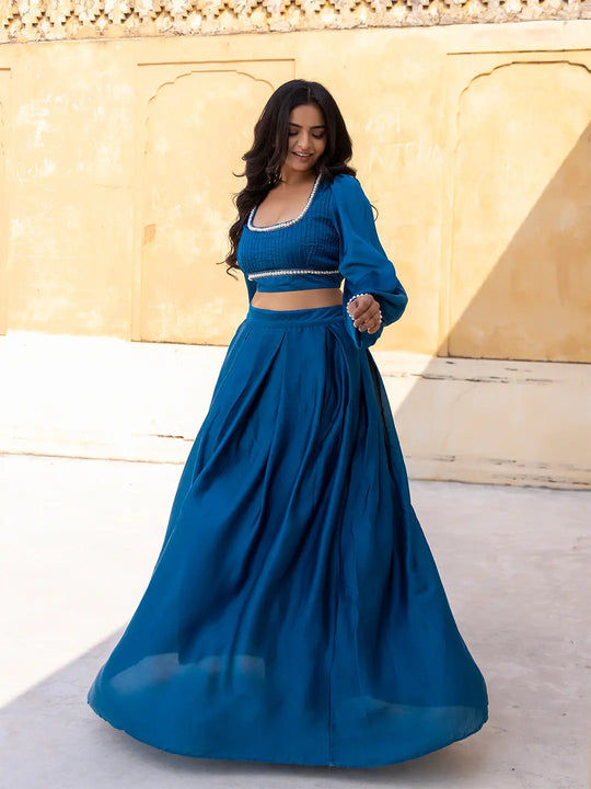 Crystal Teal Blue Vanilla Silk Top with Skirt Ragavi