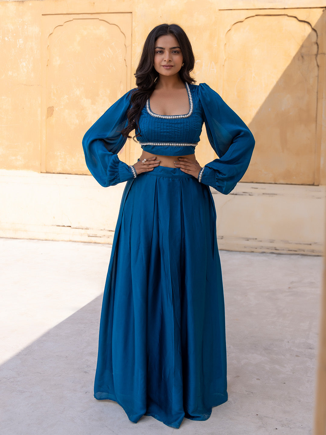 Crystal Teal Blue Vanilla Silk Top with Skirt