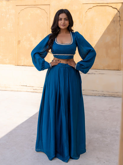 Crystal Teal Blue Vanilla Silk Top with Skirt