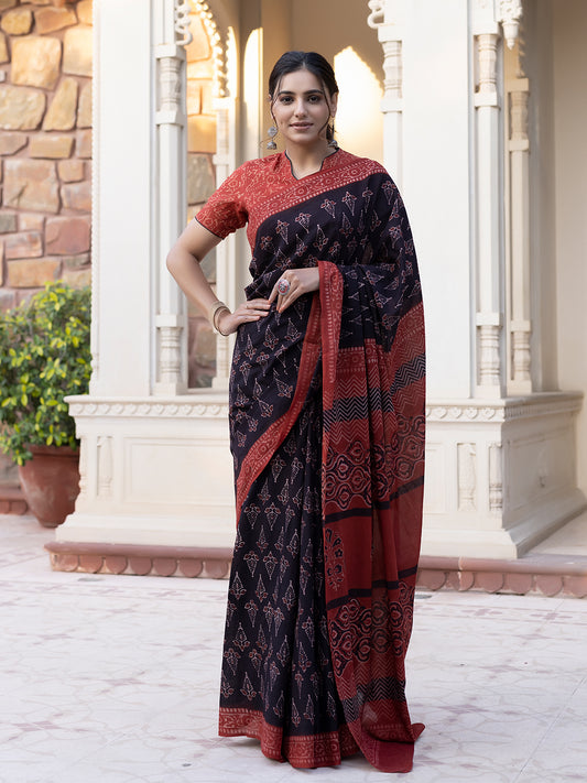 Ebony Ajrakh Cotton Saree