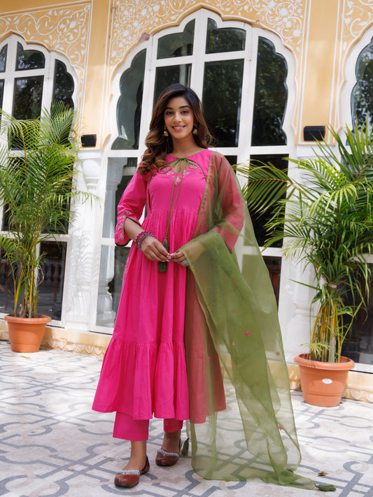 Fuchsia Pink Solid Cotton Gathered Kurta Set