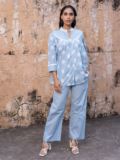 Iced Aqua Sky Blue Cotton Co-Ord Set