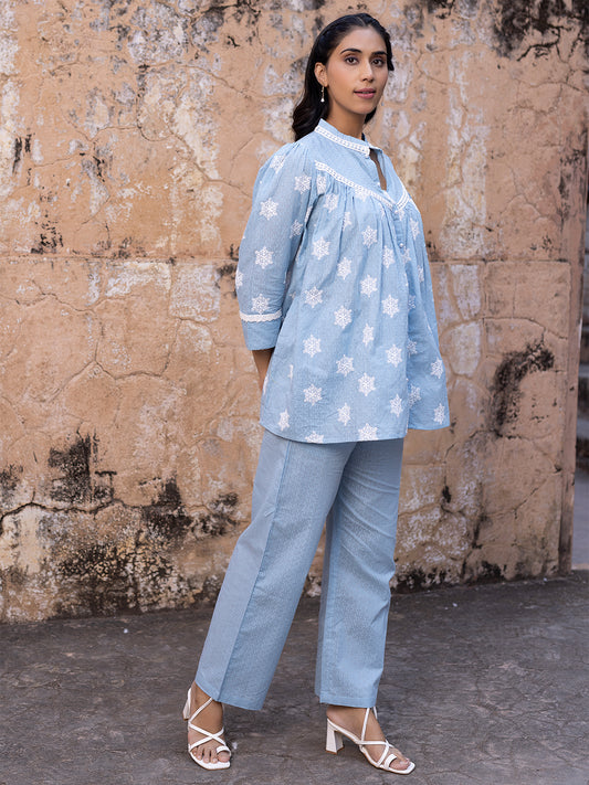 Iced Aqua Sky Blue Cotton Co-Ord Set