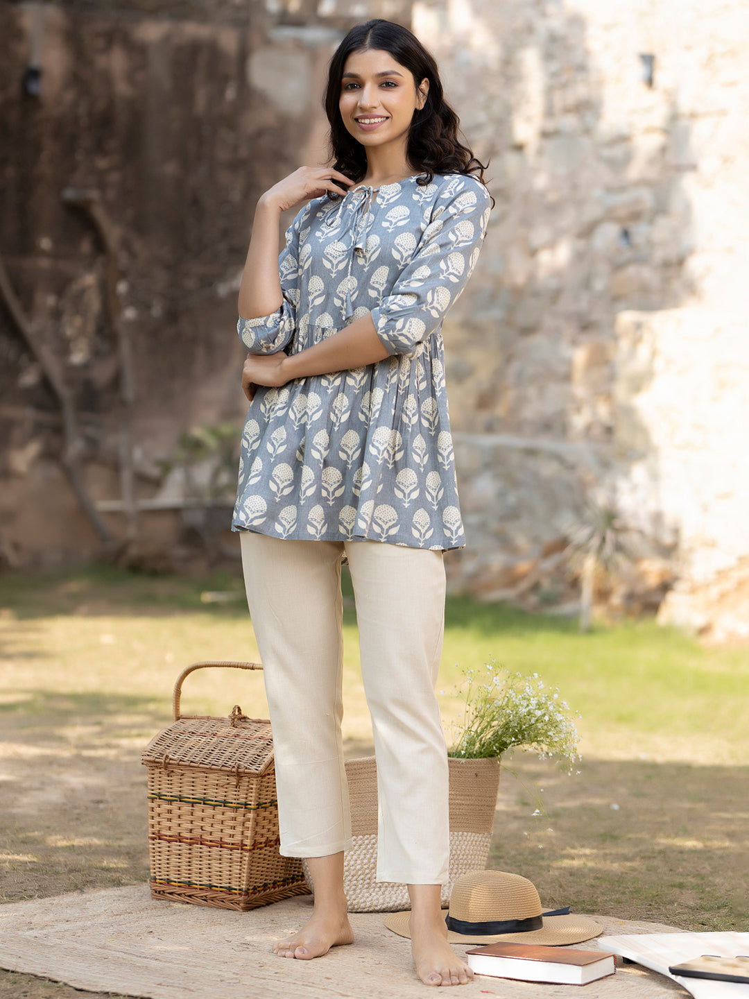 Diana Grey White Peplum Pyjama Set