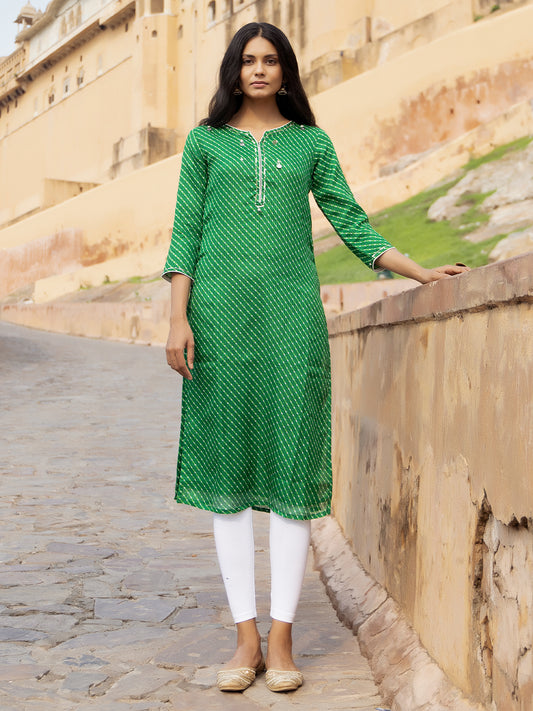 Front view of Pri Green Leheriya Kurti for women - Ragavi Jaipur