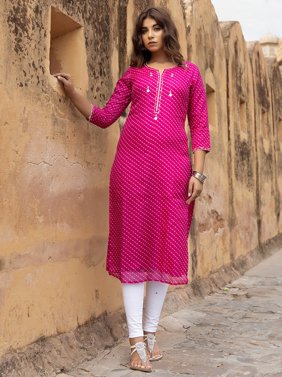 Front view of Pri Pink Leheriya Kurti for women