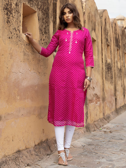 Front view of Pri Pink Leheriya Kurti for women