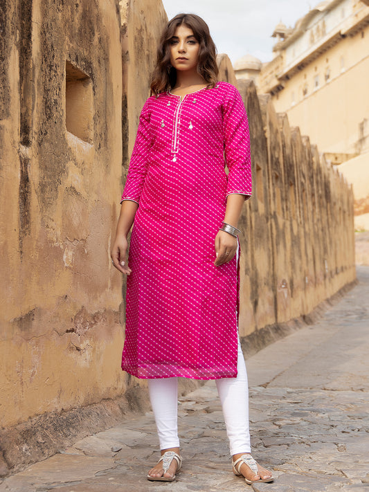 Front view of Pri Pink Leheriya Kurti for women