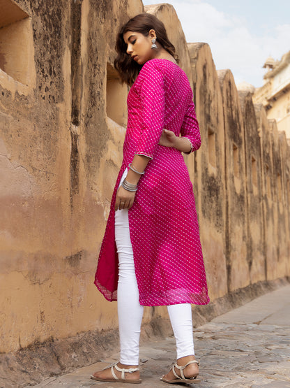 Side view of Pri Pink Leheriya Kurti for women