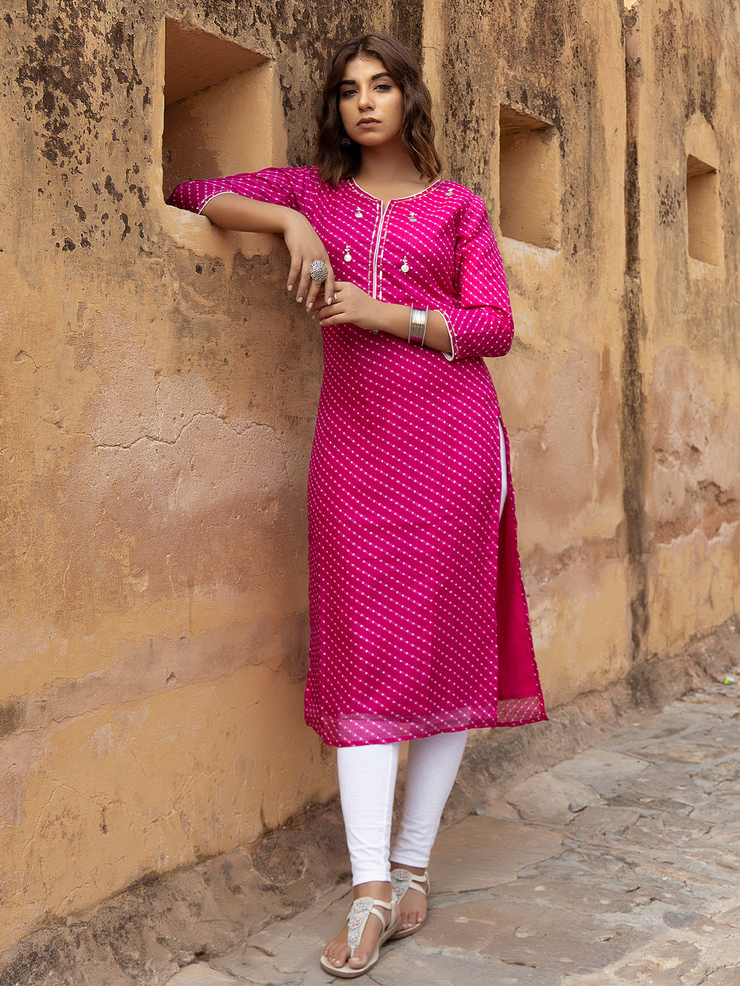 Front view of Pri Pink Leheriya Kurti for women