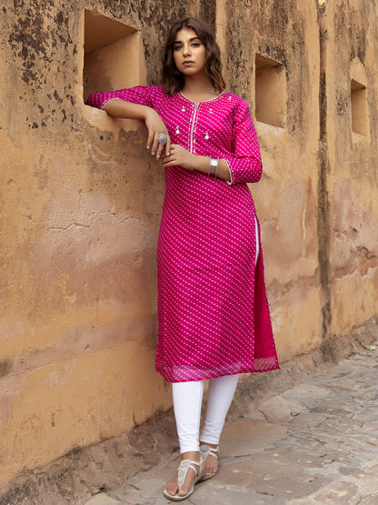 Front view of Pri Pink Leheriya Kurti for women