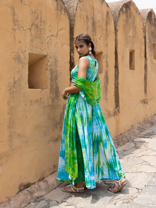 Nancy Sky Blue & Green Tie-Dye Top Skirt With Dupatta Set
