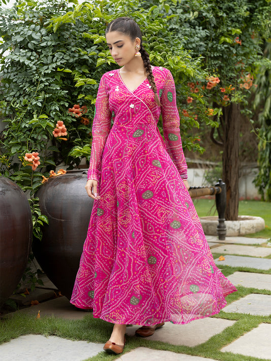 Front view of Pink Leheriya Kurta for women