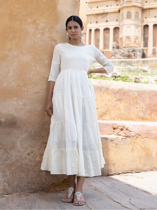 Minali White Sequined Tiered Long Kurta
