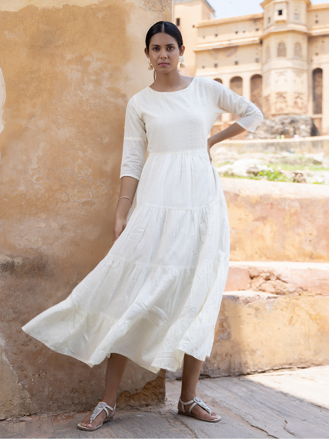 Minali White Sequined Tiered Long Kurta