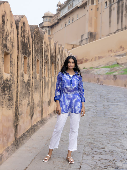 Monika Blue Leheriya Kurta Pants Set
