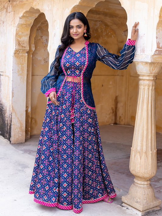 Moonlit Ocean Blue Top Attached Jacket with Skirt