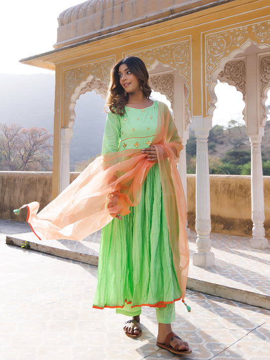 Paradise Green Cotton Gathered Kurta Set