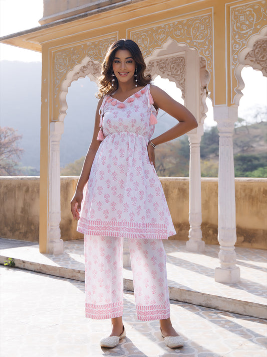 Pink White Kurta Set