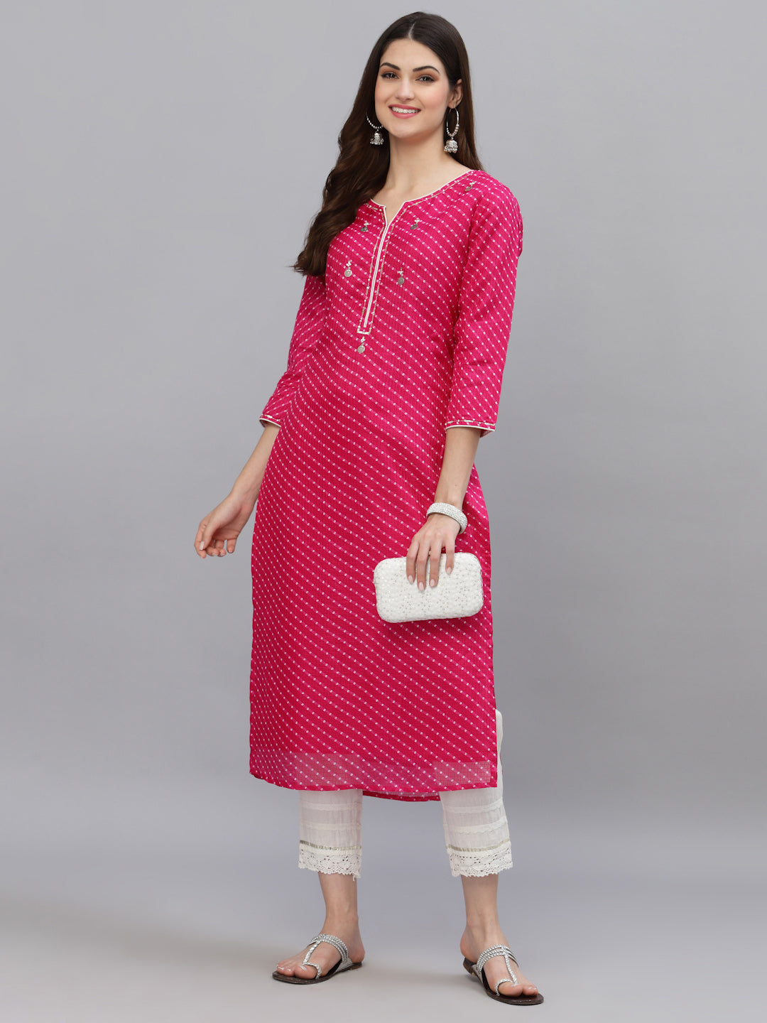 Traditional pink Leheriya pattern cotton kurti