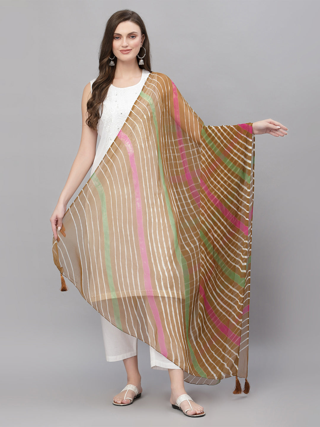 Ragavi Brown Multicolour Leheriya Dupatta