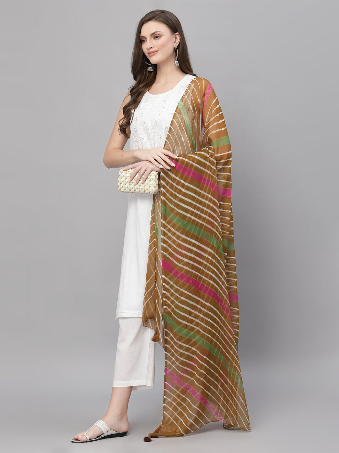 Ragavi Brown Multicolour Leheriya Dupatta