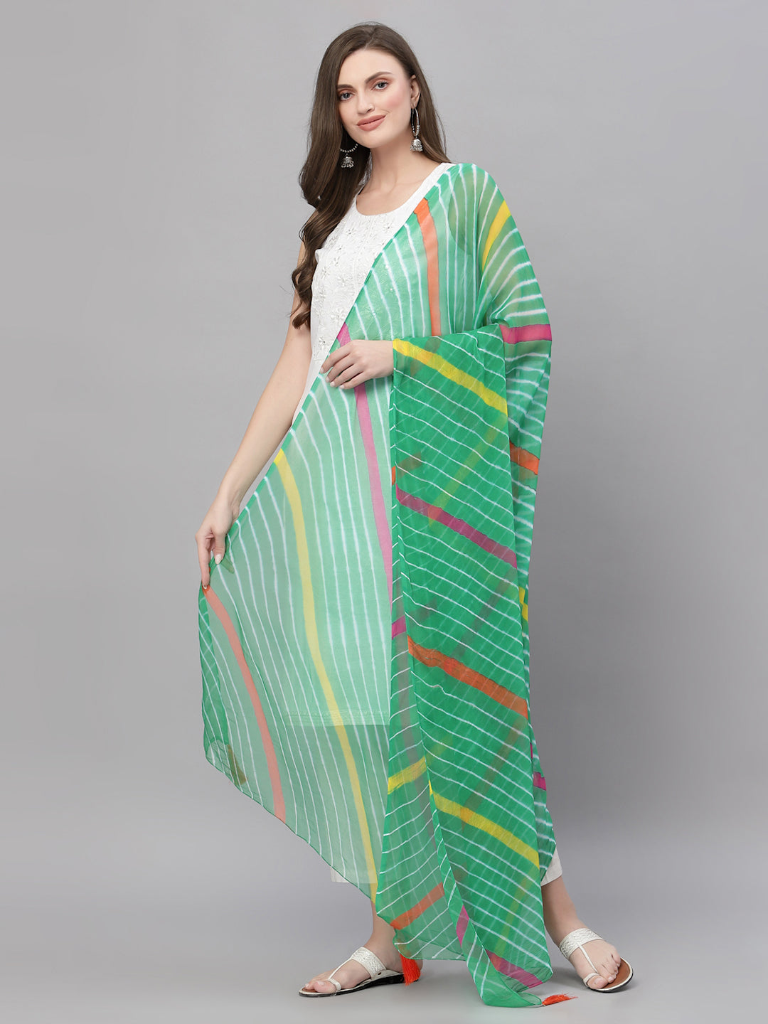 Ragavi Green Multicolour Leheriya Dupatta