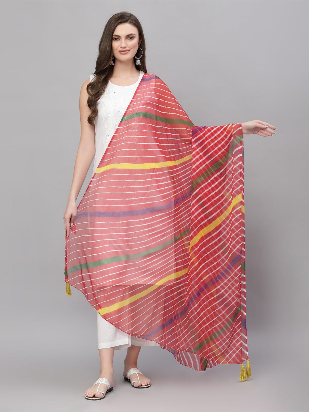 Ragavi Red Multicolour Leheriya Dupatta