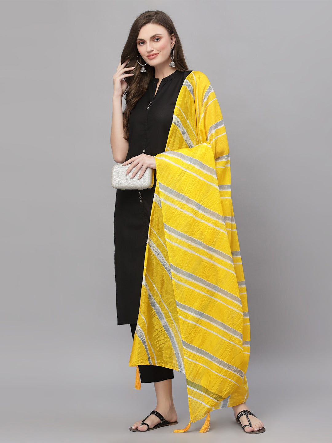 Ragavi Yellow Grey Leheriya Dupatta