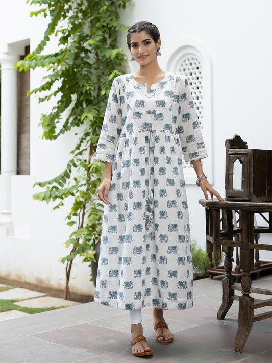 Rida White Printed Long Kurta
