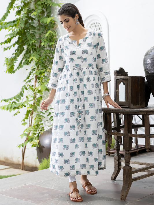 Rida White Printed Long Kurta