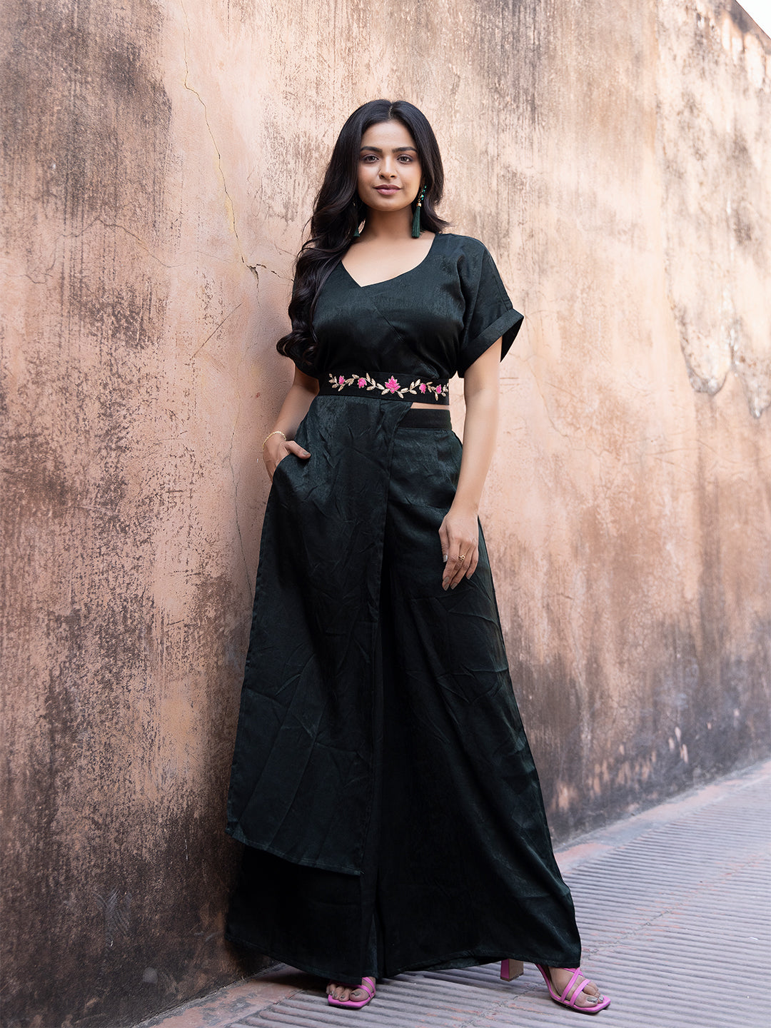 Rosin Solid Velvet Palazzo Set