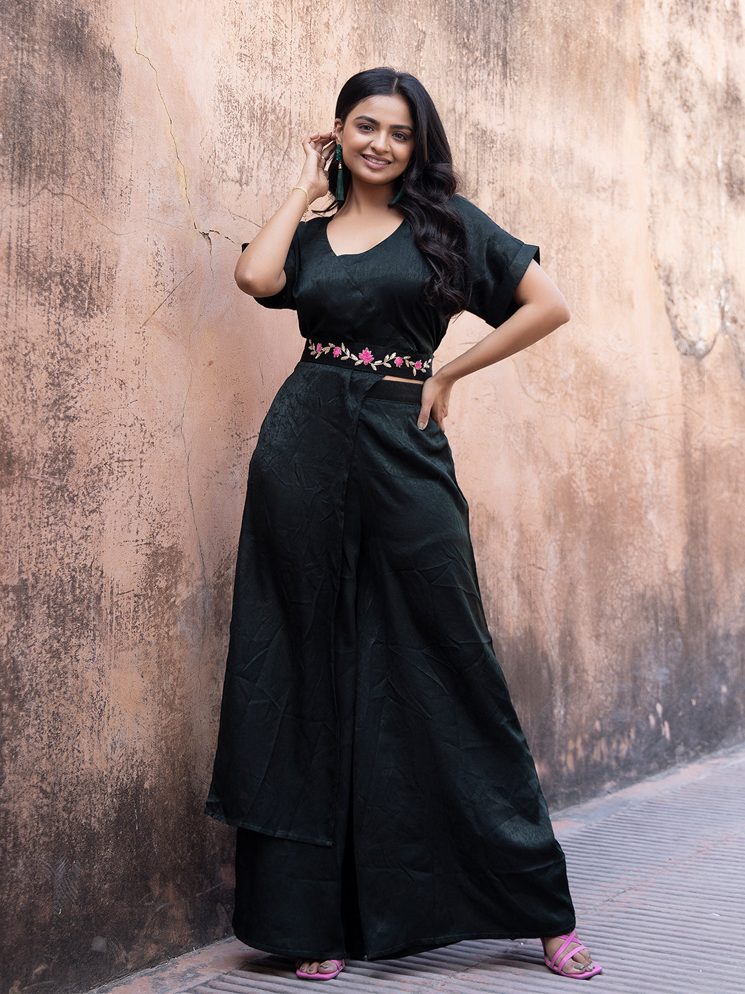 Rosin Solid Velvet Palazzo Set