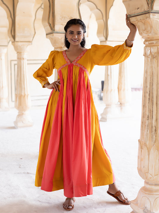 Saffron Peach & Mustard Cotton Dress