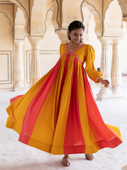 Saffron Peach & Mustard Cotton Dress