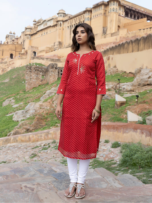Front view of Sunshine Red Leheriya Kurti - Ragavi Jaipur