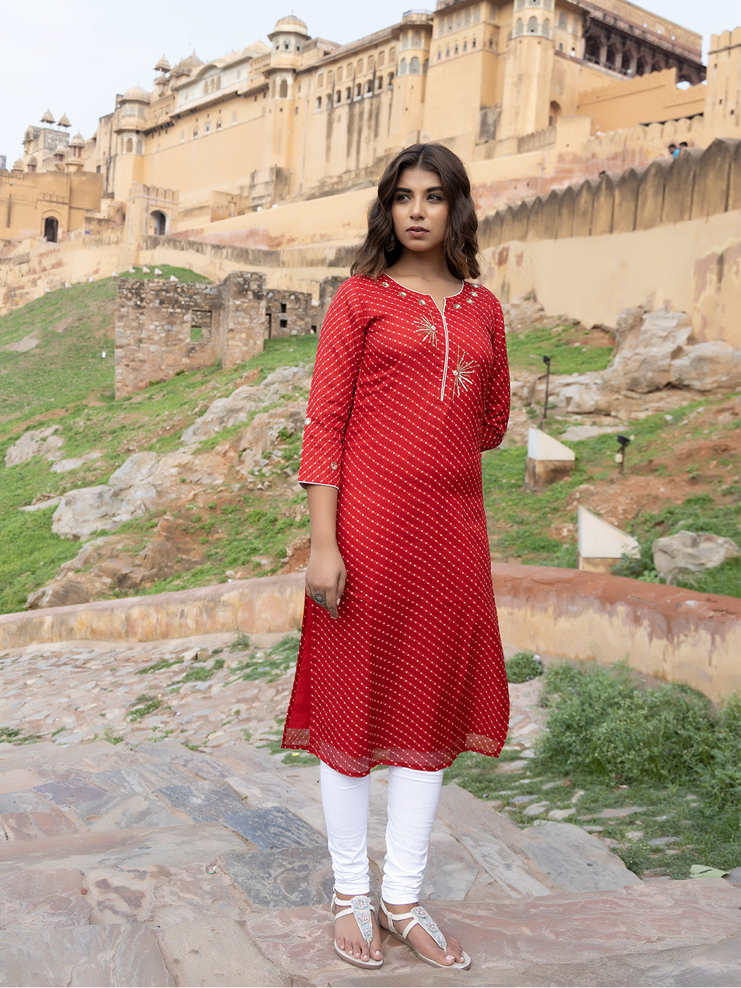 Front view of Sunshine Red Leheriya Kurti - Ragavi Jaipur