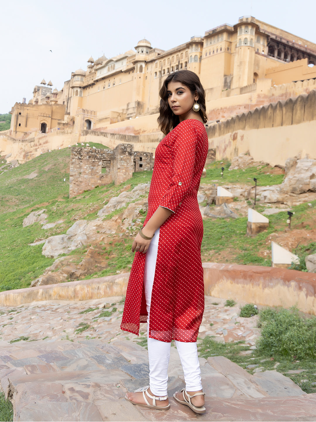Side view of Sunshine Red Leheriya Kurti - Ragavi Jaipur