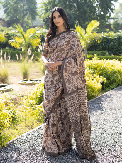 Taupe Ajrakh Cotton Saree