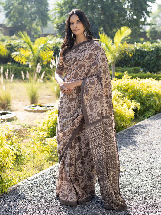 Taupe Ajrakh Cotton Saree