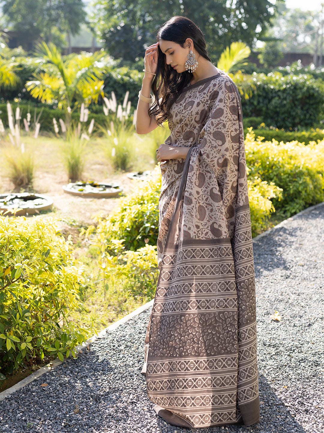 Taupe Ajrakh Cotton Saree